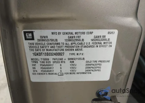 2003 GMC Envoy Sle z USA, uszkodzony, nr VIN 1GKDT13S032400827